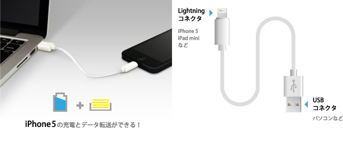 Lightningコネクタ搭載のiPhone・iPad・iPodの充電とデータ転送が可能