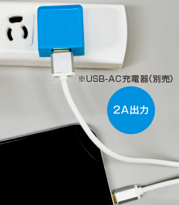 別売りの充電器と合わせてACコンセントやシガーソケットからも充電できる