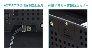 取り付け金具は、ACアダプタの抜け落ち防止やSD/SDHCカード抜き取り防止機能付き