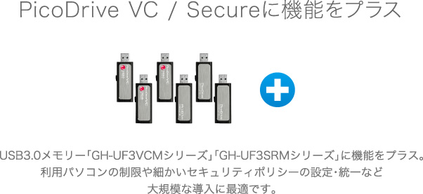 PicoDrive VC / Secureに機能をプラス。USB3.0メモリー「GH-UF3VCMシリーズ」「GH-UF3SRMシリーズ」に機能をプラス。利用パソコンの制限や細かいセキュリティポリシーの設定・統一など大規模な導入に最適です。