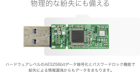 物理的な紛失にも備える。ハードウェアレベルのAES256bitデータ暗号化とパスワードロック機能で紛失による情報漏洩からもデータをまもります。