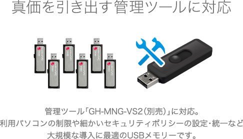 真価を引き出す管理ツールに対応。管理ツール「GH-MNG-VS2（別売）」に対応。利用パソコンの制限や細かいセキュリティポリシーの設定・統一など大規模な導入に最適のUSBメモリーです。