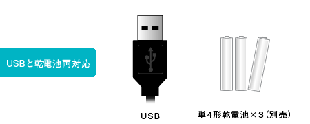USB給電のほかに単4形乾電池×3本(別売)でも使用可能