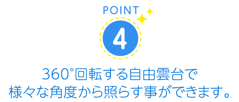 360°回転する自由雲台で様々な角度から照らす事ができます。