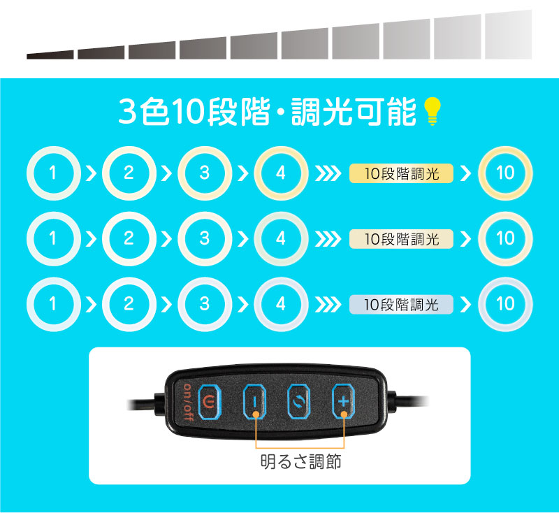 明るさは10段階で調節可能