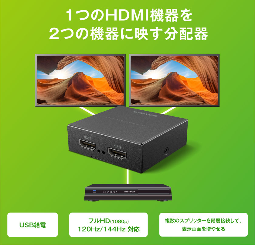 1つのHDMI機器の画像を2つのテレビに映しだすHDMI分配器