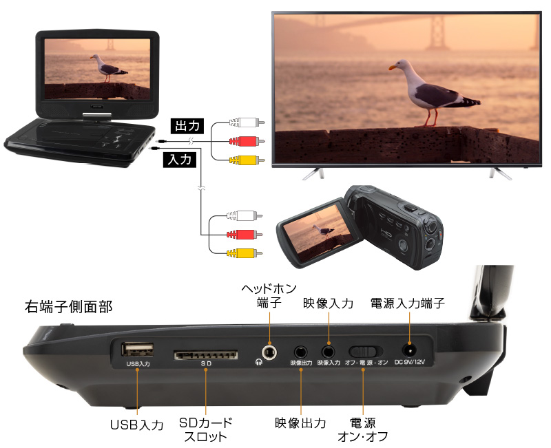 ビデオカメラやテレビと接続できる映像入力・出力端子を搭載