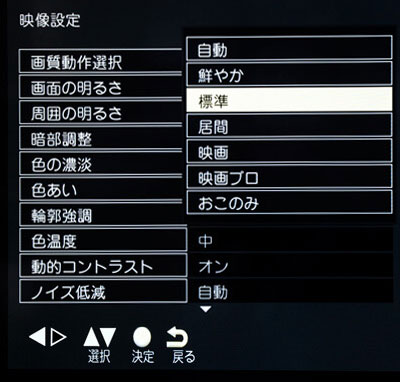 「自動」「鮮やか」「標準」「居間」「映画」「映画プロ」「おこのみ」の7種類の映像モードを用意