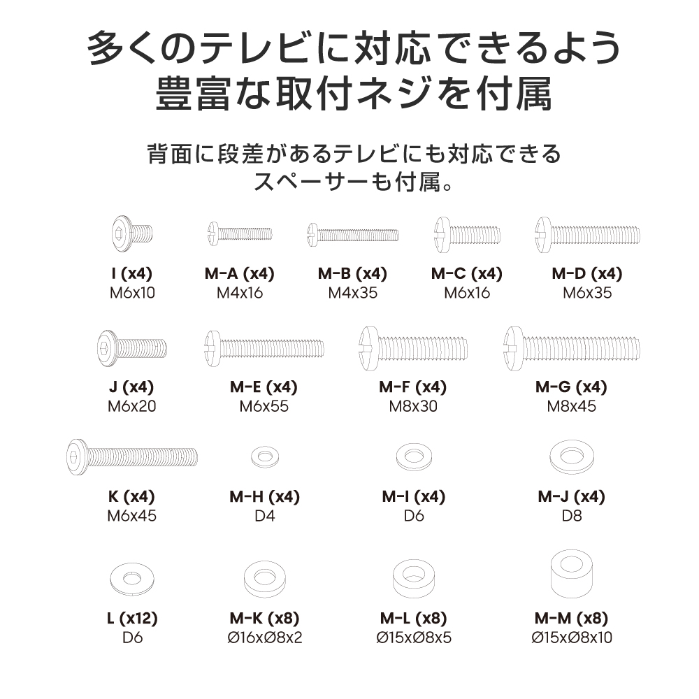 様々なテレビに対応できるよう豊富な取付ネジを付属