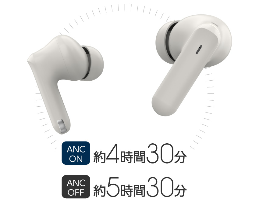 イヤホン単体(ENC ON)で約4時間30分の連続再生