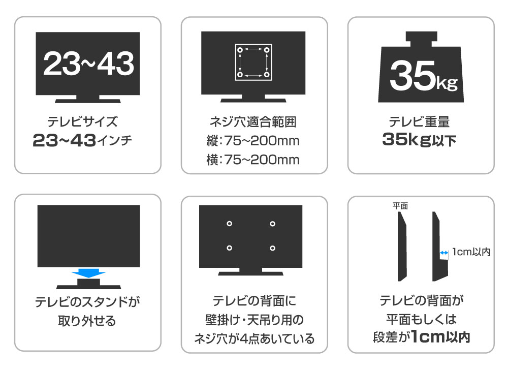 下記条件を満たすテレビが取付可能です。