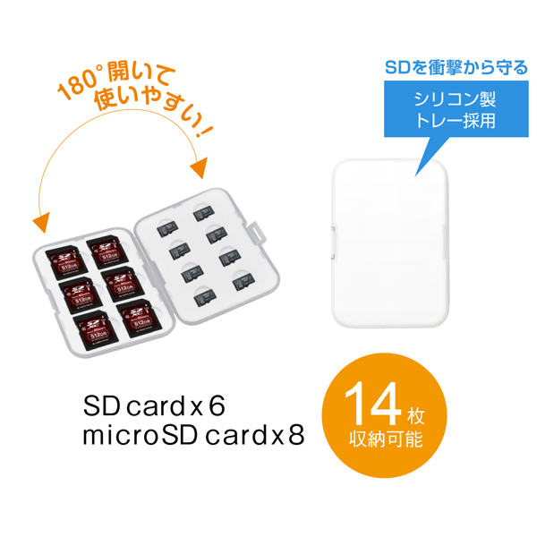 SDカードを6枚、microSDカードを8枚、合計14枚収納できる大容量タイプのメモリーカードケース