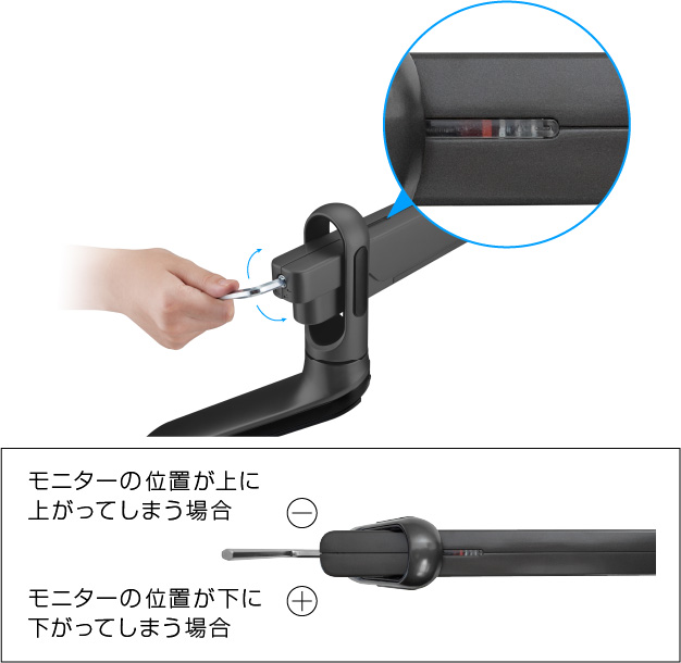 アームのスプリングの固さが分かるインジケーター付き