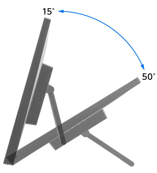 画面を15度~50度の範囲で調整できる自立スタンド付き