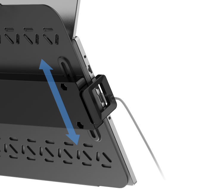 サイドホルダーは上下に移動可能、ノートPCのポートの無い位置で固定できます。