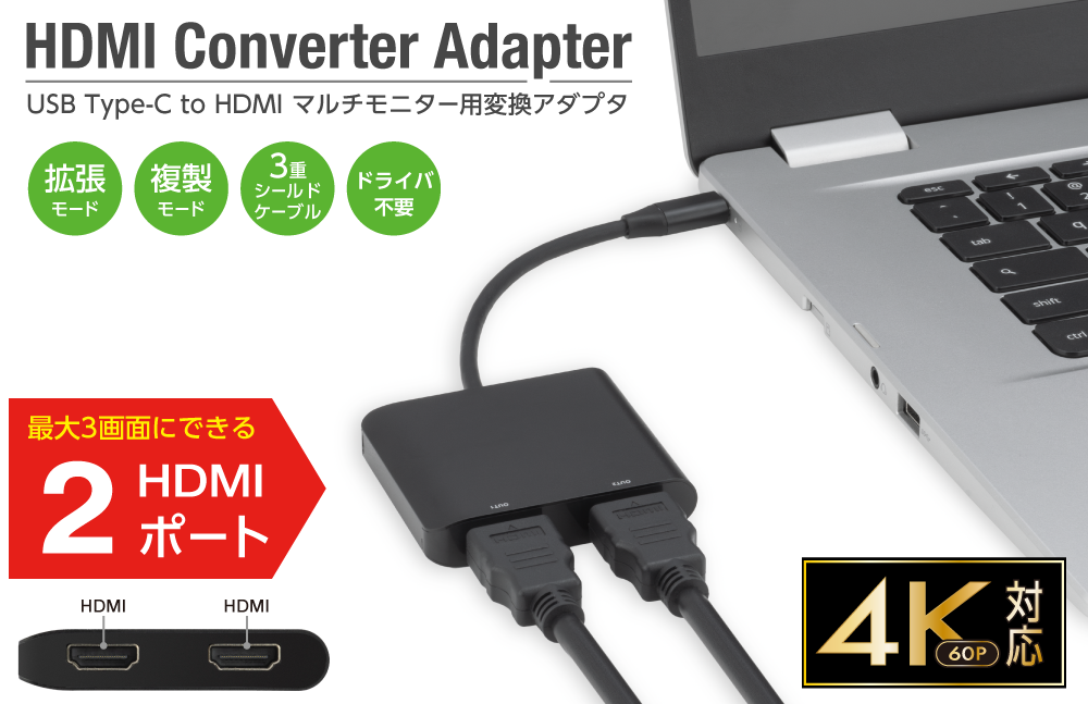 USB Type-Cからの映像を、HDMI2ポートに出力できる