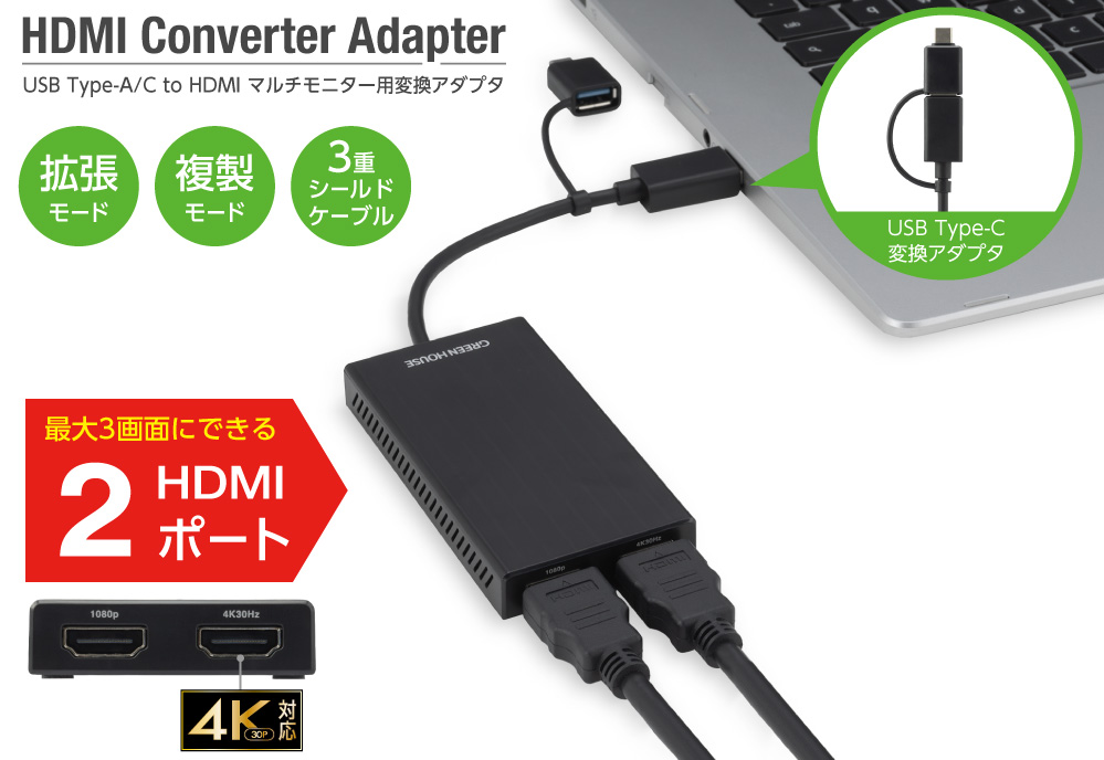 USB Type-Aからの映像を、HDMI2ポートに出力できる