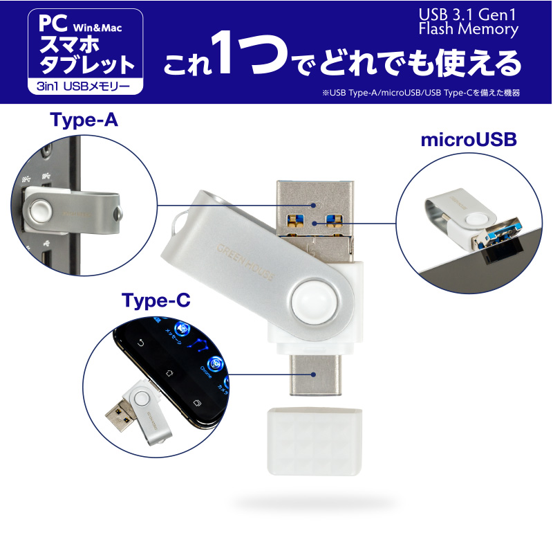 USB Type-A、microUSB、USB Type-Cの3種類のUSB端子に対応した3in1 USBメモリー