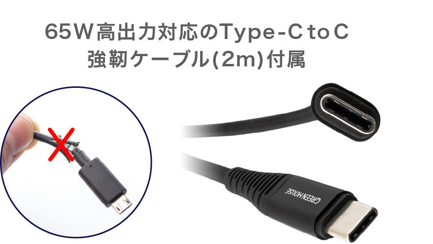 65W高出力対応の強靭ケーブル（2ｍ）付属