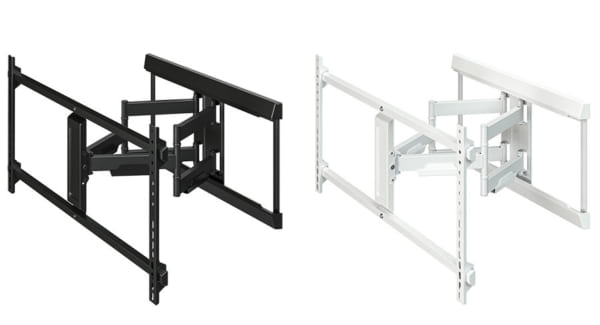 90インチまで対応可能なダブルアームの安心設計、<br class="pc">テレビを左右に動かせてホワイトも選べるアーム金具
