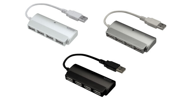小型ACアダプタ付属！コンパクトな4ポートUSB HUB、選べる3色を